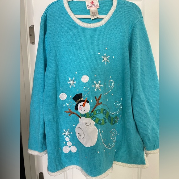 Quacker Factory Sweater Womens Size 1X Blue Embroidered Snowman Ramie Vintage - Picture 1 of 6